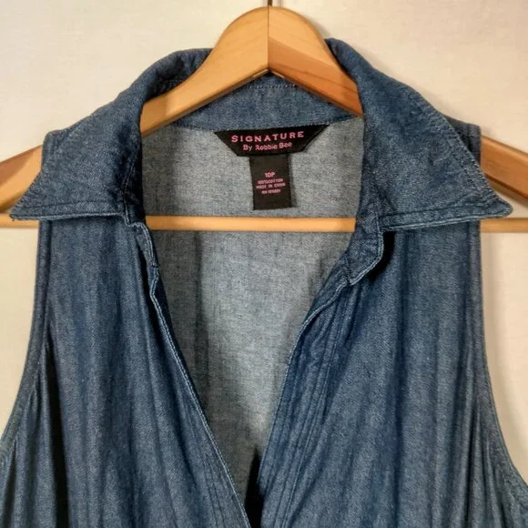 Signature by Robbie Bee Dress Petite 10P Blue Chambray Sleeveless Button Up Jean - Picture 9 of 12